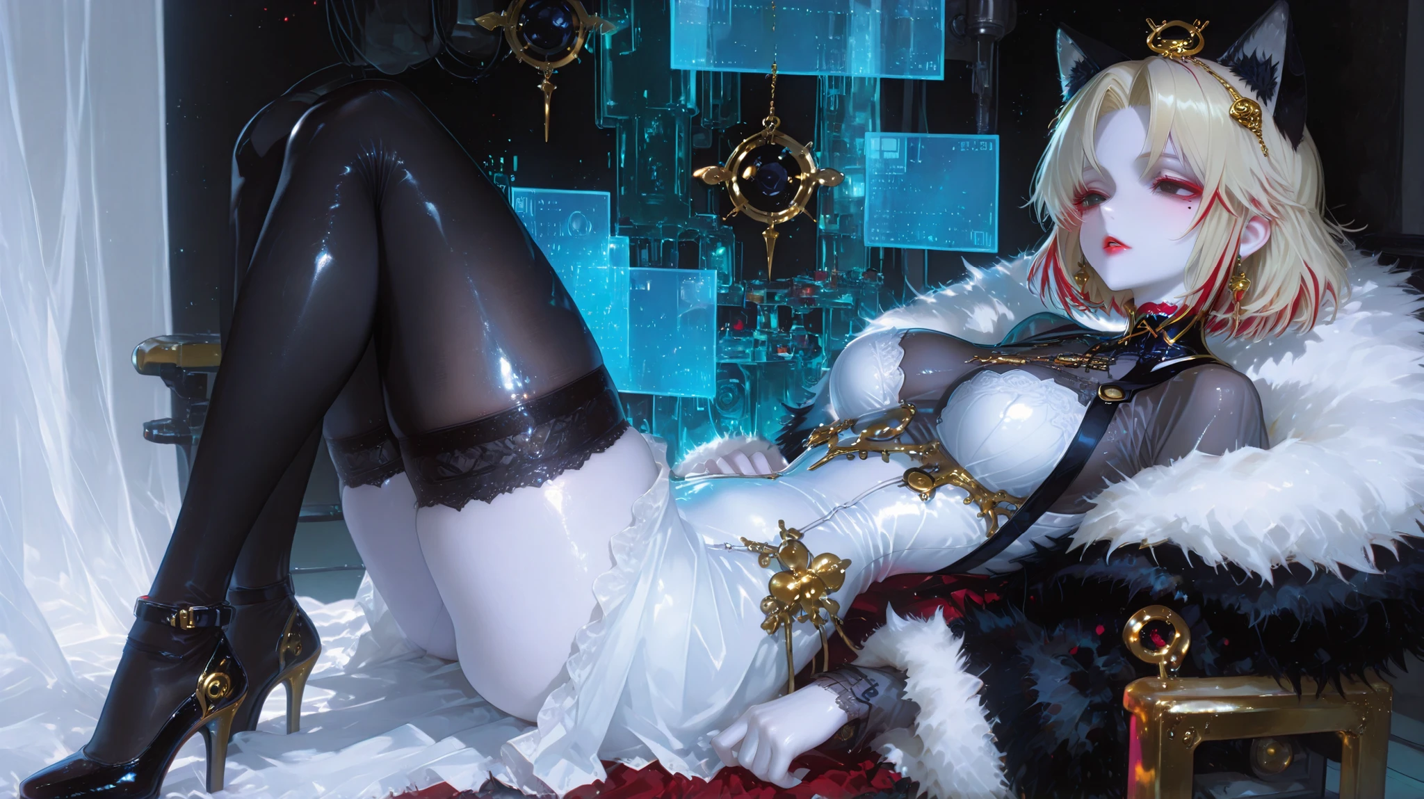 ((Eye colour: Icy blue, Hair colour: black hair, Body size: Plum, Skin colour: Snow White, Clothing style: President suit, Clothing color: Black and White)), ((Pose: Seating on the boss chair, holding a file, and leaning on the back rest)), (best quality),(masterpiece), (highres), original, extremely_detailed_wallpaper, ((1girl)), (hair_ornament), (huge breasts:1.2),full body, beautiful_detailed_eyes, (blonde_hair), long_hair, (long_ponytail), (seductive_smile), ((delicate_face)), high_heels, (full_body), 8K, ultra high resolution, (NFV), super detailed, Shiny detailed hair, detailed face, whole body, fantastic landscape, One, I look at the viewer, {{Best quality}}, {{Masterpiece}}, {{ultra detailed}}, {Detailed light}, ultra high quality eyes, detailed eyes, Perfect eyes, Big eyes, long hair, Beautiful, Skinny body, promiscuous, blushing, Ahegao, MIB Suit