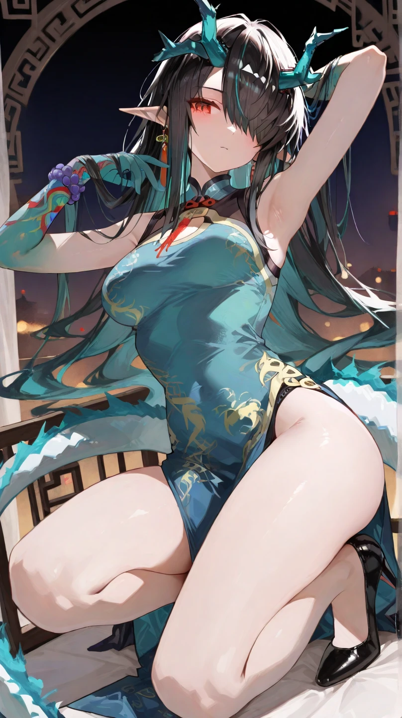 4k,High resolution,One Woman,Blue Hair,Long Ponytail,Green Eyes,Big Breasts,Ancient Chinese Princess,Long Chinese Dress,Black Stockings,Princess Tiara,Long sword,Ancient Chinese castles