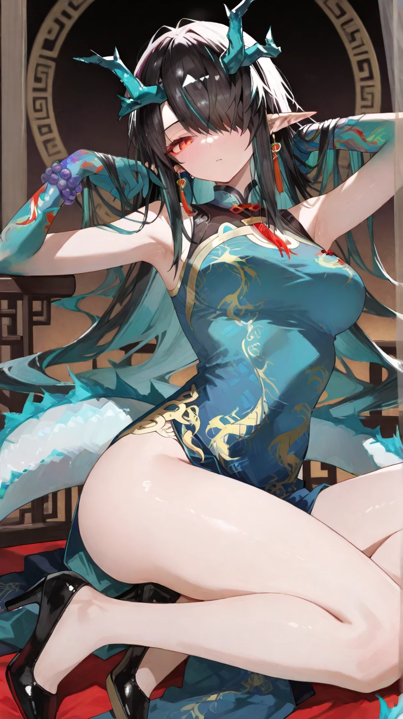 An ancient Chinese beauty stands and dances on the water, gorgeous costumes embroidered with intricate embroidery, flowing tulle, transparent long colorful ribbons tied on the arms, inspired by Dunhuang Flying Apsaras murals, showing navel, bare shoulders, bare neck, Black curly hair in a high bun with flower hairpins, ribbons on arm rings, wreaths, bracelets, anklets, metal chain tassels on the waist, Mogao Grottoes art, ink painting, cgstation pop, topless, nipples, bare breasts