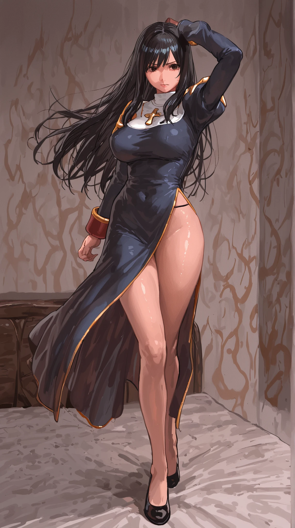 girl，alone，Gray background，Artistic lighting，Beautiful Asian Goddess，Long black hair，Long Hair,Wavy Hair,eyelash, blue eyes, lipstick, ((Completely naked:1.3)),(Shiny costumes),(Rope Bondage:1.2),Standing facing forward,Standing with legs apart,((Raise your arms above your head)),(Wearing a small apron),Tied up woman,Sensual look,(Hair blowing in the wind),Graceful features，No sleeve，Mature Woman,Detailed fingers, Perfect hands, Length 180cm,Small face,sweating,Soft thighs,Sexy legs,Sexy ass, Cleavage,Open the chest,Smooth thighs and legs，((Amazing orgasm)),大きなSexy ass, Perfect Body Proportions, Slim waist,Nipples visible,The areola is protruding,Tight waist,(Long legs:1.6),E cup bust,Thighs open,Huge :1.3，perspective:1.2，Looking at the audience，Character-centric，symmetry diagram，whole body:1.5，from the front:1.1，Abdominal shot