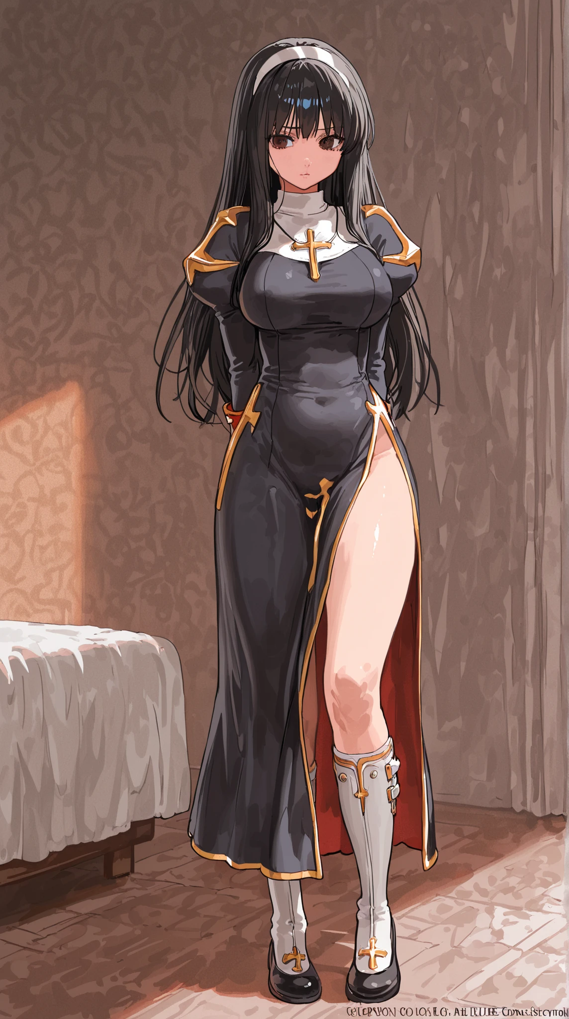 fantasy, semi-realistic, long black hair, female human, priestess, gray eyes, red and white robes, thick tights, wide hips, forest background, neutral expression, middle parted fringe, arms on sides, medieval fantasy, standing, looking at viewer,
