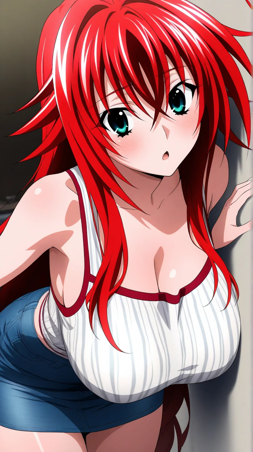 sysdeep_Rias, 1 girl, alone, looking at the viewer, blue eyes, big breasts, pink nipples, hair between the eyes, very long hair, Red hair, huge choke, naked, from below, smiling, view from above