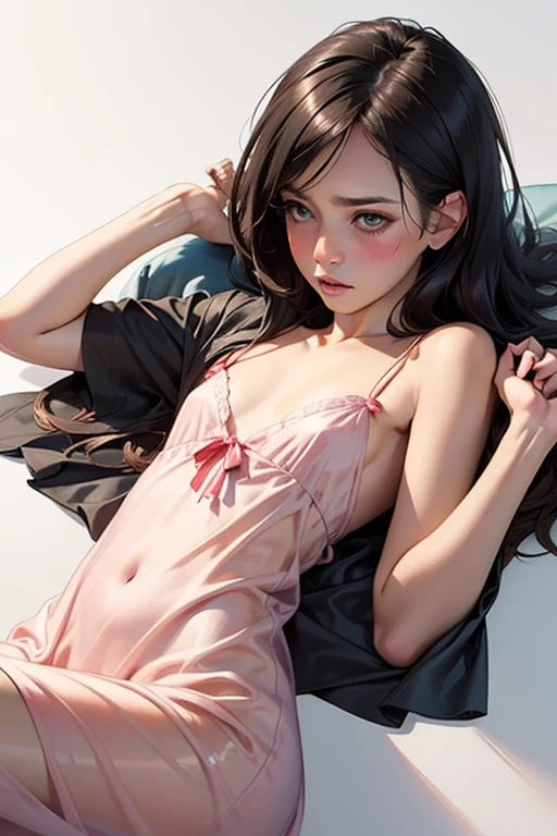 finger cross, super smile, wet hair, wet skin, circle earrings 8k, RAW photos, top quality, masterpiece: 1.2), (realistic, photorealistic: 1.37), 1 girl, (bed, mood lights, pillows, blankets, small breasts)