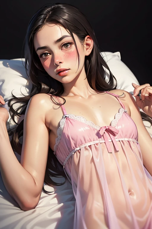 Sleeping girl, lie down, 18 years old, realistic, mid-sized hair, wearing a transparent nightgown with pink panties, ((hand in panties)) open legs, satisfied and reliafed expression, brown hair, sweating, Pink bed theme with a few cute stuffed animals on the bed, a wet self-pleasure-toy on the bedside table, wet hair, nsfw, wet panties
