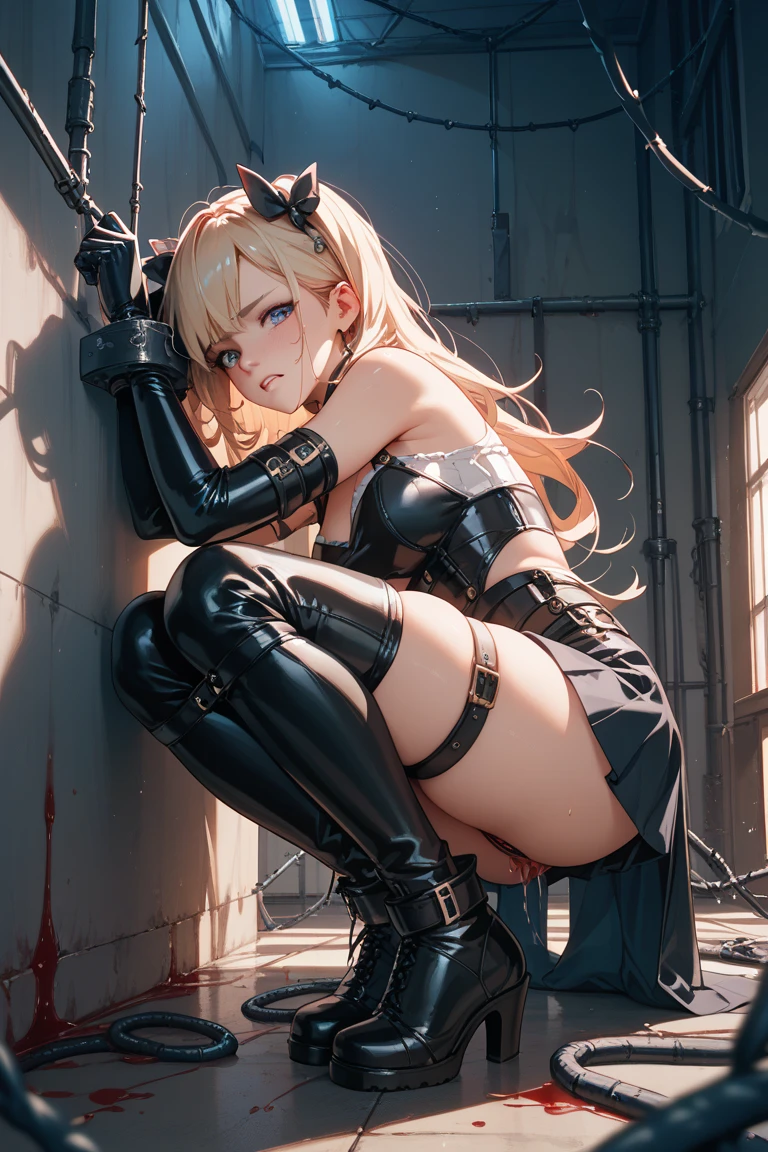 (Thynasha:1.2),dark blue hair,very long hair, purple eyes,(beautiful detailed eyes:1.0), extremely detailed face, perfect lighting, hair between eyes,bangs, (black beret, black jacket, open clothes, cleavage, midriff, black medium skirts, black thighhighs, thigh strap, fingerless gloves, single glove:1.2), Photo,sharpness, F1.6 lens,hyper-realistic textures,spectacular light textures, Cinestil 800 Fashion Mechanics,(((Beautiful woman with left leg restrained by chains))),Appearance,Beautiful girl with accentuated slender abs: 1.1,six-pack abs: 1.1, Bust Botox,Standing on tiptoe, long legs,Long brown hair fluttering in the wind,Brown hair, Long hair, Female Warrior Costume,(No panties,No bra),(tacticul battle fashion,elbow and knee tacticul battle fashion, battle glove: 1.1),((cute batre costume)),The belly comes out and the navel is visible,Thin sheer costume, combat gloves,shredded costumes,cyber long combat boots with golden knee pads,Anatomical,(futuristic sci-fi battle fashion, new elbow and knee cyberpads, new cyberlong boots, new cybergloves: 1.1),(tied perfectly by iron chain:1.3), Restraint, Slave, collars, contempt, (Chained), 4 chains hung from heaven, Metallic shackles and fetters, wet crotch clearly visible,((Hands are restrained above the head)), the neck is chained,Chain from left knee to heaven,Chained by rusty iron chains,((the tip is protruding, areolas protruding,The shape of the pubic harearea is clearly visible:0.9)),Sweating,Wet,Wet crotch,Wet thighs,Junkyard, Realistic, (cute, perfect clothes, skimpy clothes, cute: 1.3) ,Vast miritary base in us,((wide mirtary hospital with summer sunlight)), peeling ceilings, Rebar between, Realistic material details, Extreme details, Ultra-realistic materials,narrow waist,(with sparkling eyes and a contagious smile:0.9),looking at viewer,