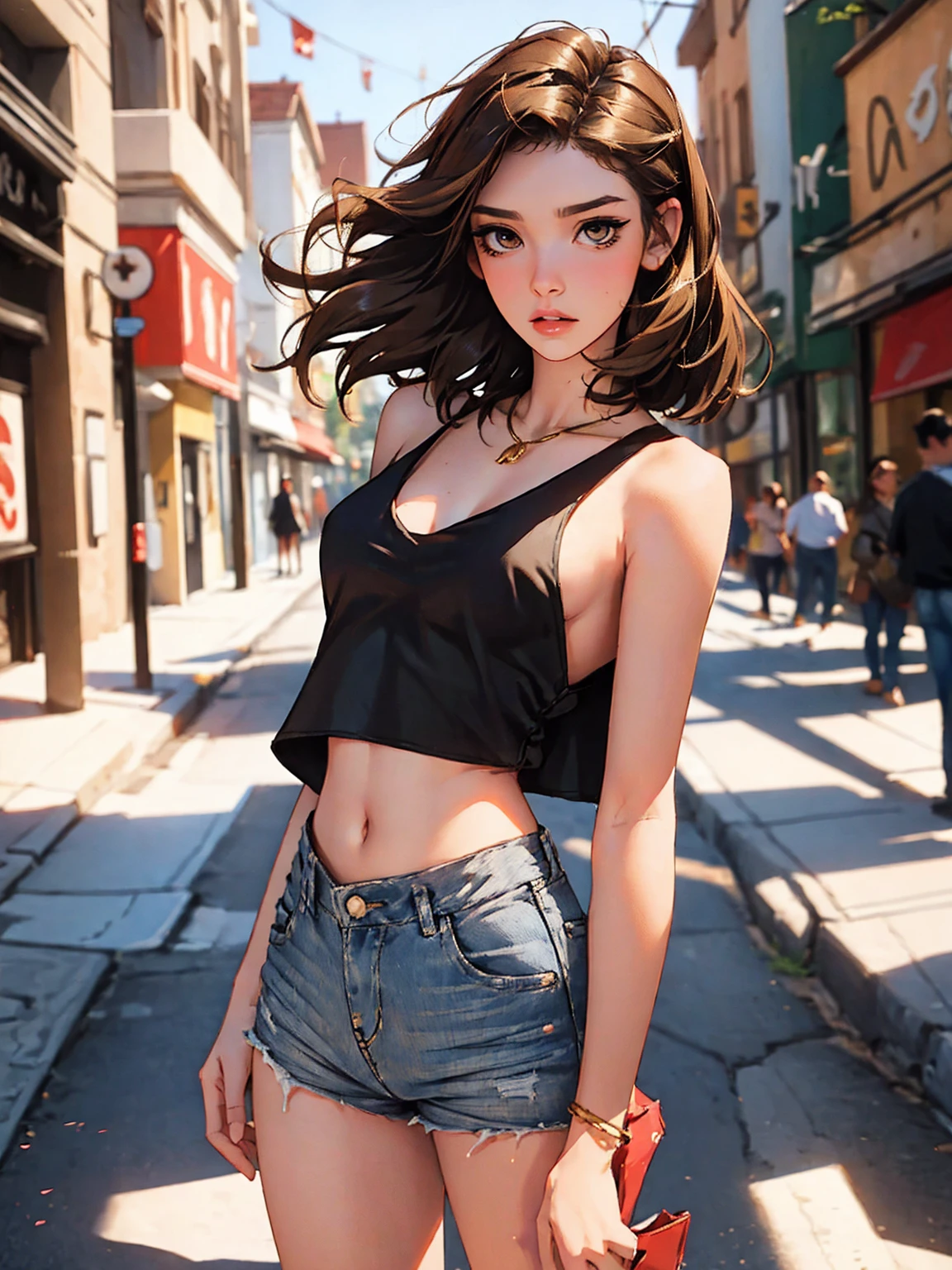 creates a 24-year-old anime girl wearing blue jeans and a red tank top with wide hips and large breasts with blue eyes in an urban landscape