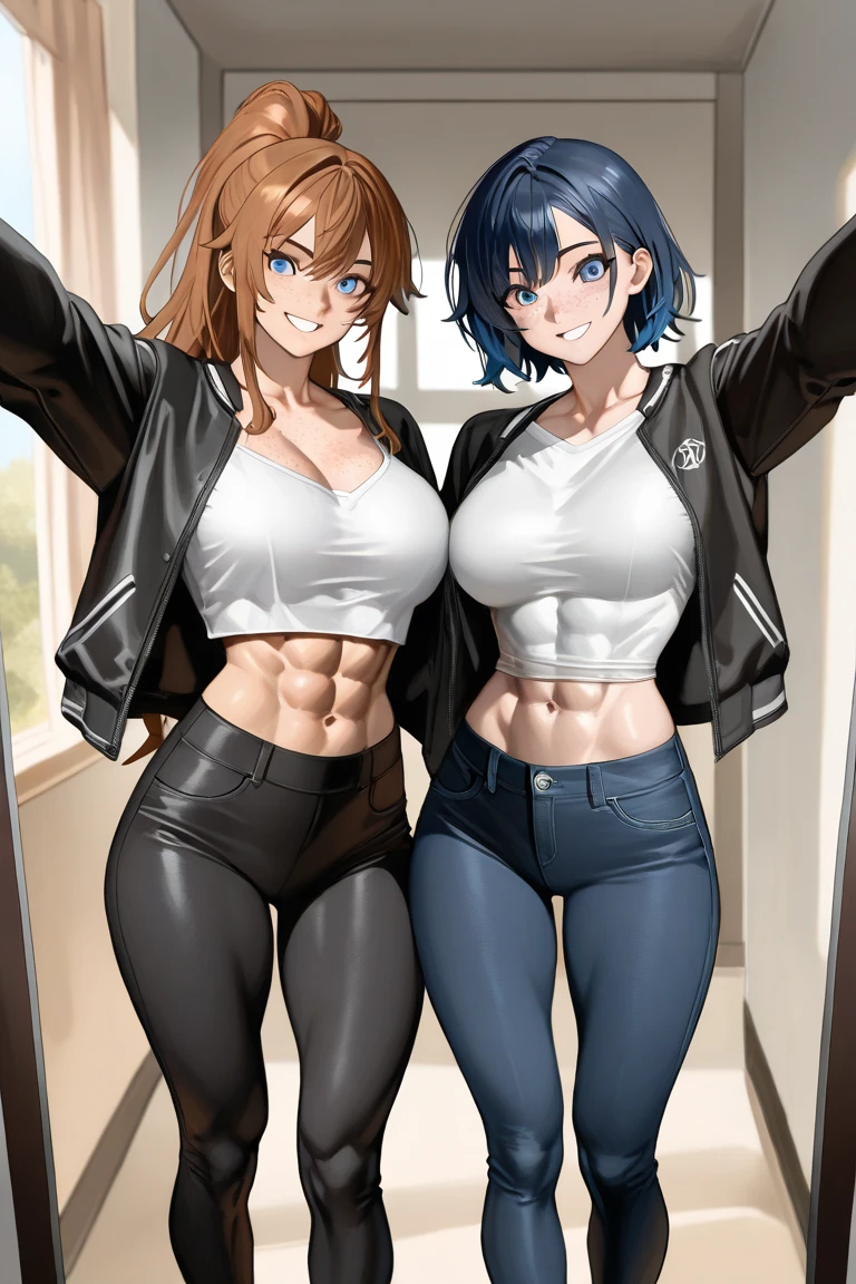 Asuka Kazama, big , abs, short hair, brown hair, abs, jeans,