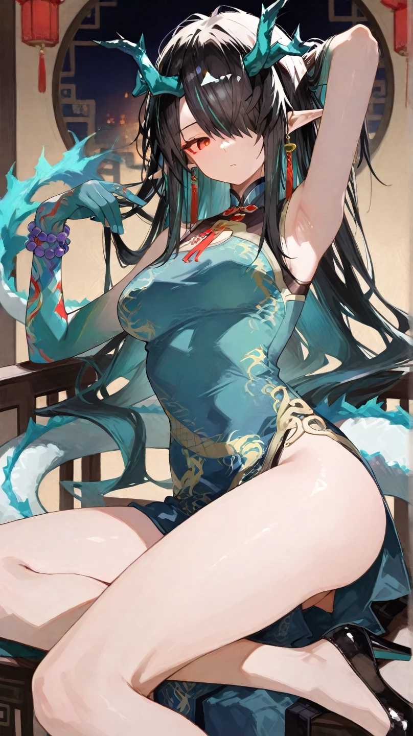 ((Highest quality、unity 8k wallpaper、32k、masterpiece、Very detailed、Ultra-high resolution、Ultra-high resolution、 Very detailedな顔, RAW Photos, Professional, Ultra-fine painting, Anatomically Correct Lizard Girl)) Yui Kotegawa transforms into a Blue Dragon, kotegawayui, Long black hair, Yellow Eyes, ((Reptile Eyes))、mouth with sharp fangs,、(From shoulder to collarbone、It is covered with fine scales up to its neck.)、(((In the ass、Juxtaposition, Impressive lizard tail stretching from tailbone to spine))) 、((Dragon legs with sharp claws、Fine blue scales that stretch like socks down to the thighs、Fine blue scales that grow like long gloves、Long nails))、Nipples are fully visible、((There are fine scales on the sides、It has fine blue scales growing around its waist..., Scales on the back、Scales from flank to thigh))、(The boundary between the scales and the skin is unclear)、((A small fin on the spine that continues to the tail))、(((Giant blue bat wings growing from the shoulder blades on his back)))