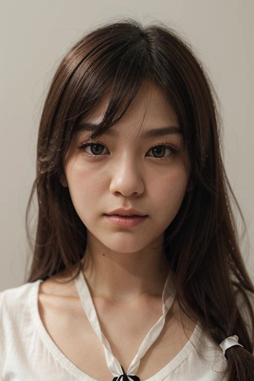 A young, innocent Asian girl takes a photo of her face.