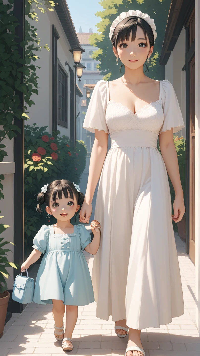 An extremely beautiful stunning mother with a perfect busty body, perfect pretty face, gold blonde long silky hair, big blue-green hazel eyes, extremely super bright snow white fair stunning flawless glowing lush shiny white skin, a perfect tight hourglass figure, and a skinny waist, extremely cute smile on the face, bright pink blushes on cheeks, wearing a long cute sky-green floral dress, and a yellow-tan cardigan, white flip-flop sandals, gold necklace on the neck, gold anklets on feet, standing straight, holding her little son's hand, garden in the background, show full body from head to feet