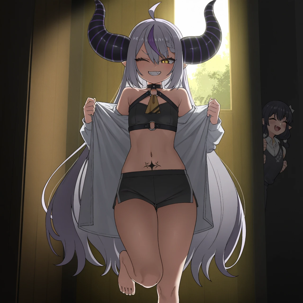 NSFW,Hololive,Laplace Darkness,Fantasy,hot pants,Fishnet tights,Iron Collar,In heat,A wistful look,Secret base,Brothel,(Perfect hands),(Perfect Anatomy),(masterpiece),(highest quality),barker,lure,Alluring expression,One man