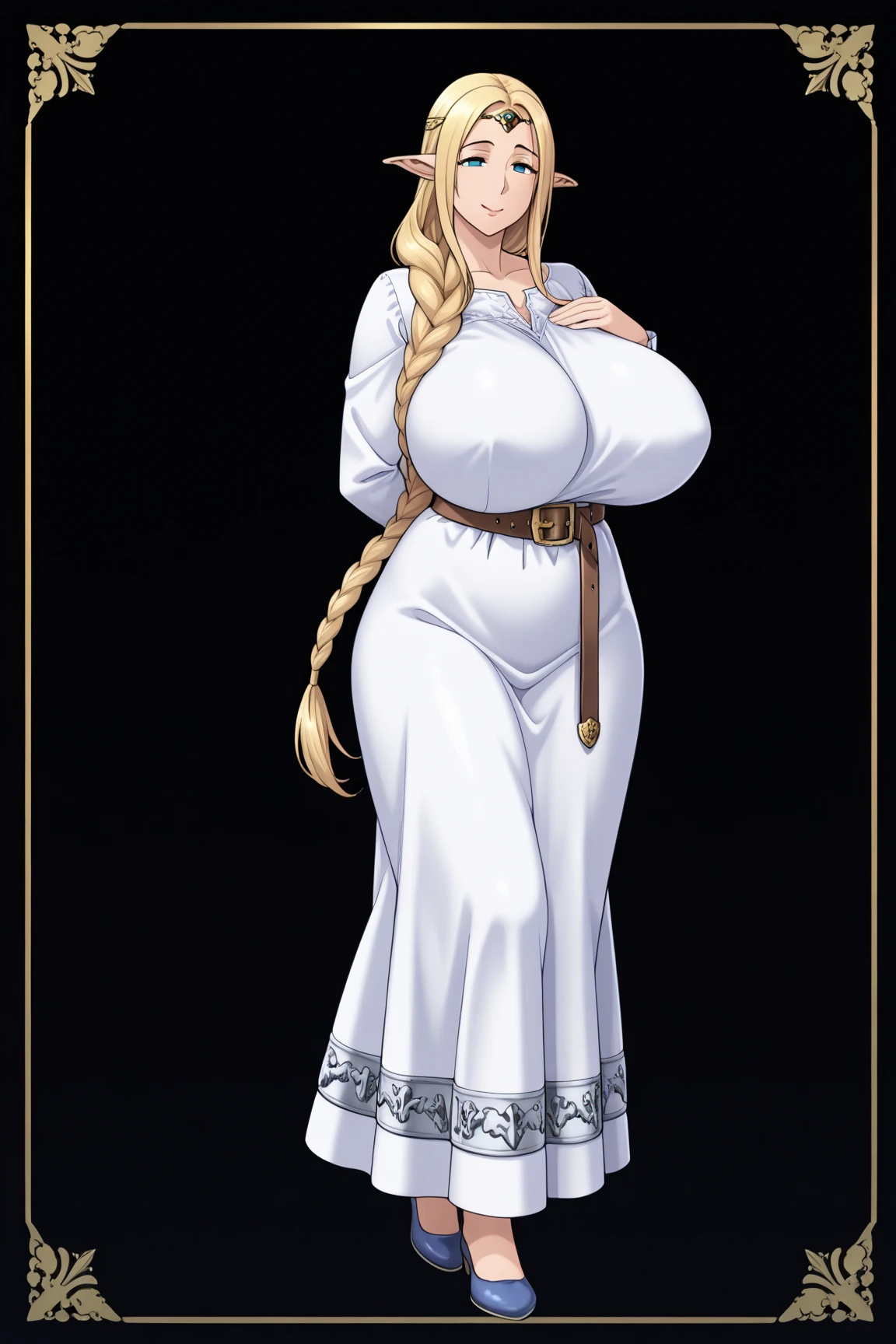 (Masterpiece:1.4), (beste-Qualit:1.4), (High resolution:1.4), Princesse Calla, Robe bleue, Longs leviers blancs, tresse simple, dedans, castle, sourire, Regarder le spectateur, Pose de lapin,, huge breast, curvy , mature, full body, walking