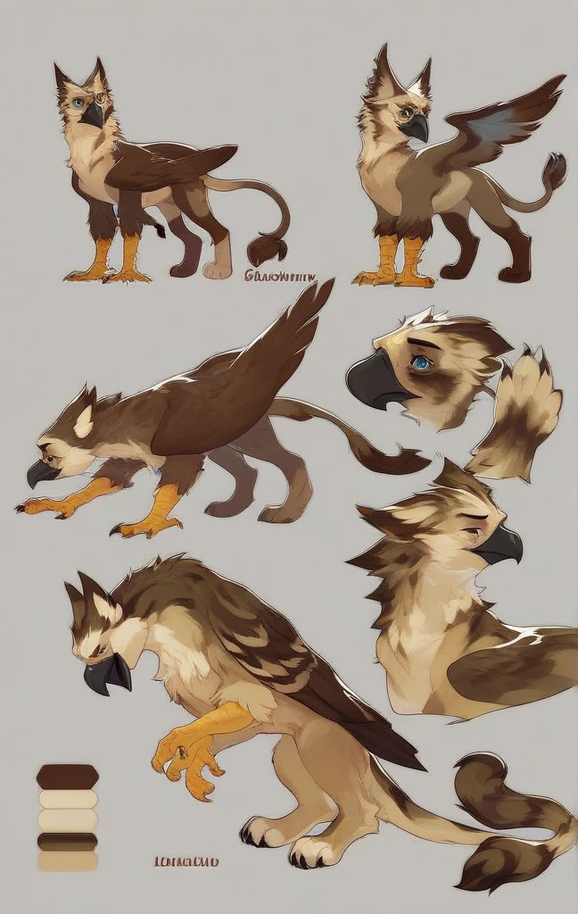(Masterpiece, best quality), detailed, character sheet, reference sheet, (male, cuntboy, slightly girly, sleek, swimmer’s body, gryphon, wings on back, beak, small nipple piercings, belly button piercing, large wings, bird legs, sexy, slightly curvy, bright purple eyes, majestic, detailed fur, golden fur, white belly fur, collar), full of details, multiple views, front view, back view, headshots