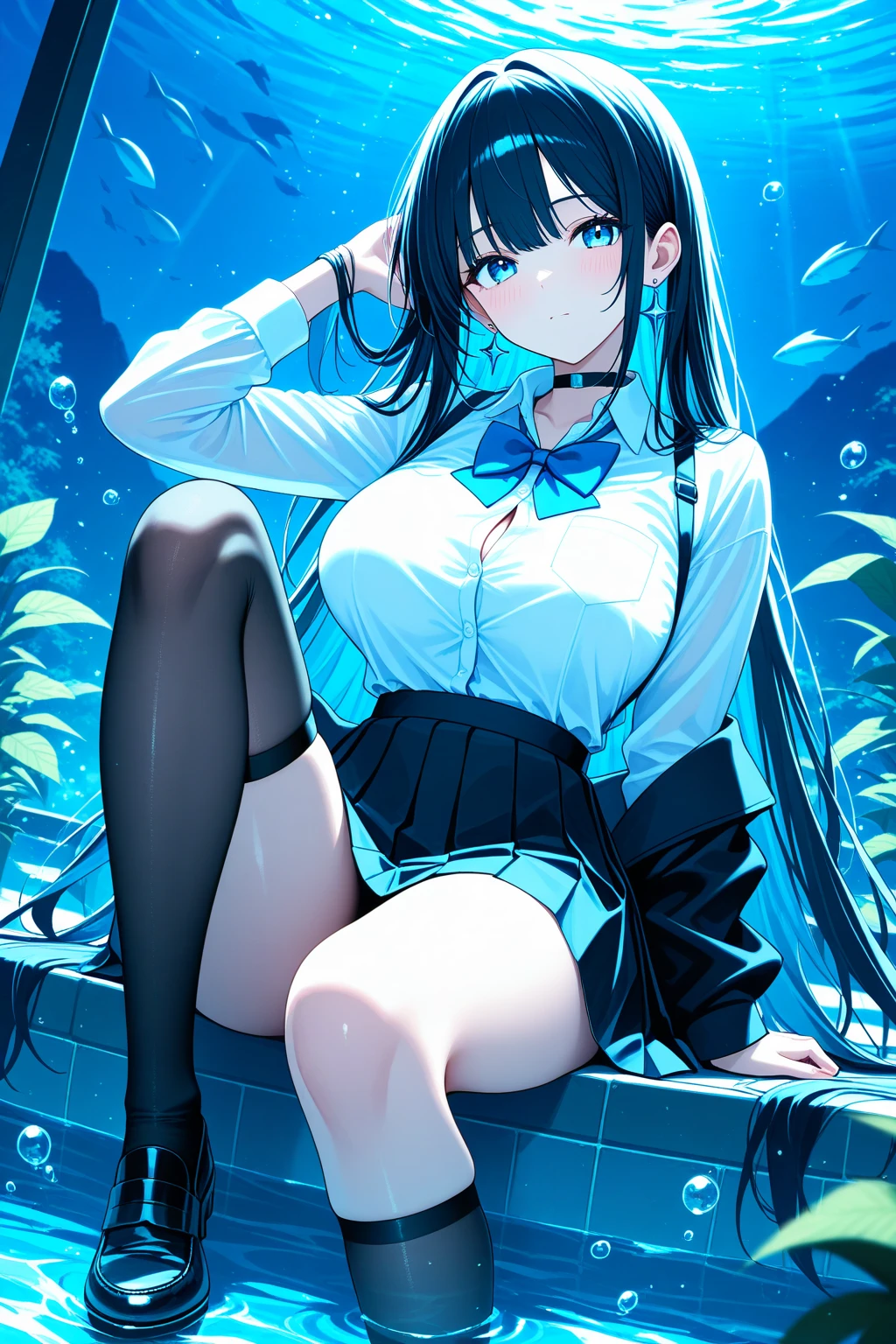 (1) A woman is sitting on her knees、Light blue pants are visible.
(2) that woman has long black hair.
(3) The woman is wearing a white V-neck knit, black miniskirt and long boots.
(4) The woman&#39;s expression is a smile.
(5) Cleavage in women is visible.
(6) The place is an aquarium.