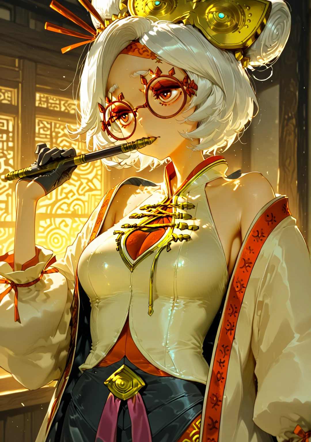 purah, red glasses, hair ornament, white jacket, sleeveless shirt, black skirt, orange leggings, high heels, medium natural boobs, thick, on her knees, cleavage, blushing