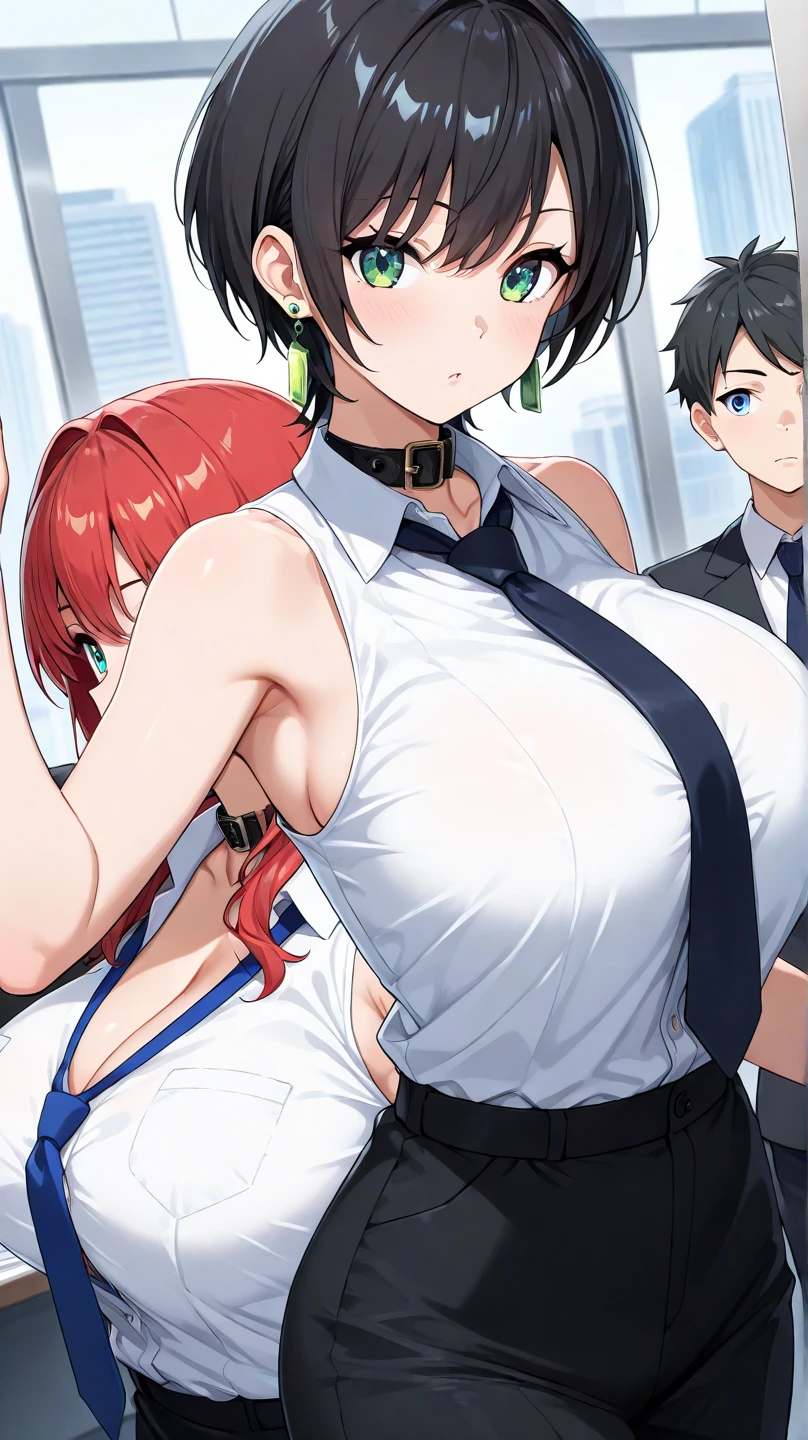 1girl (takashirohiroko, red hair, round green earrings, head tilted back and looking upwards, eyes closed, unbuttoned white blouse, facial expression : blushing, orgasm)), man sucking breast, 1boy (blue hair, school uniform, grabbing woman's breast), from side, upper body, backlighting, masterpiece, best quality, highly detailed, nsfw, ((hand in panties)), fingering, schlick, masturbation, in a classroom, sweating,