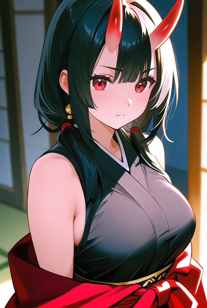 Describe the strongest female ninja。Her name is Tsuruhime。A proud, strong and noble woman。He is glaring at me.。Naked and defeated。black hair。ponytail。white clothes