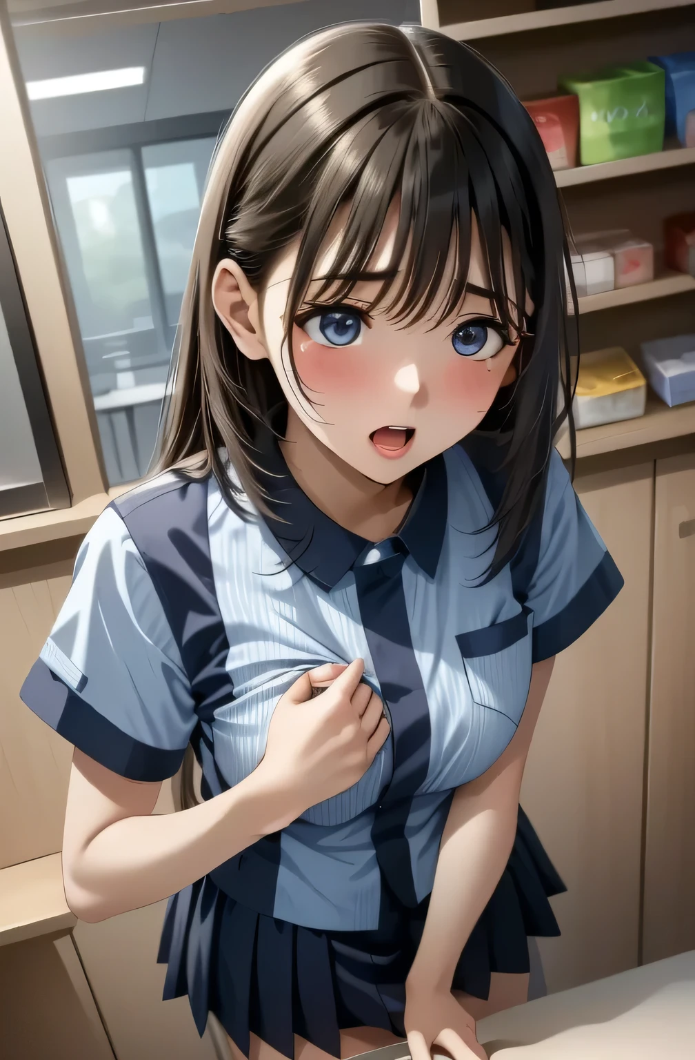 ( masterpiece、 top quality 、 Super Fine )、( perfect face 、 Beautiful Face、 Beautiful Eyes)、( comic 、 manga 、Story)、 hero 、 shout、( clothes are torn)、pig man grabs woman、A man bites his chest、 screaming、man droops and licks、女性はconvenience storeの店員です、mini skirt、 underpants、the man is wearing sunglasses and a beard、 gun、Man points his gun at woman、 men tear their clothes off、nsfw、Excessive ejaculation、come on body:1.2、ejaculation on pussy、、 Scenery Seen from Above、Dick hits in the face、、lots of penises、convenience store、convenience storeの中、(konbini, scenery, shop, indoors,LAWSONU, employee uniform, uniform,)
