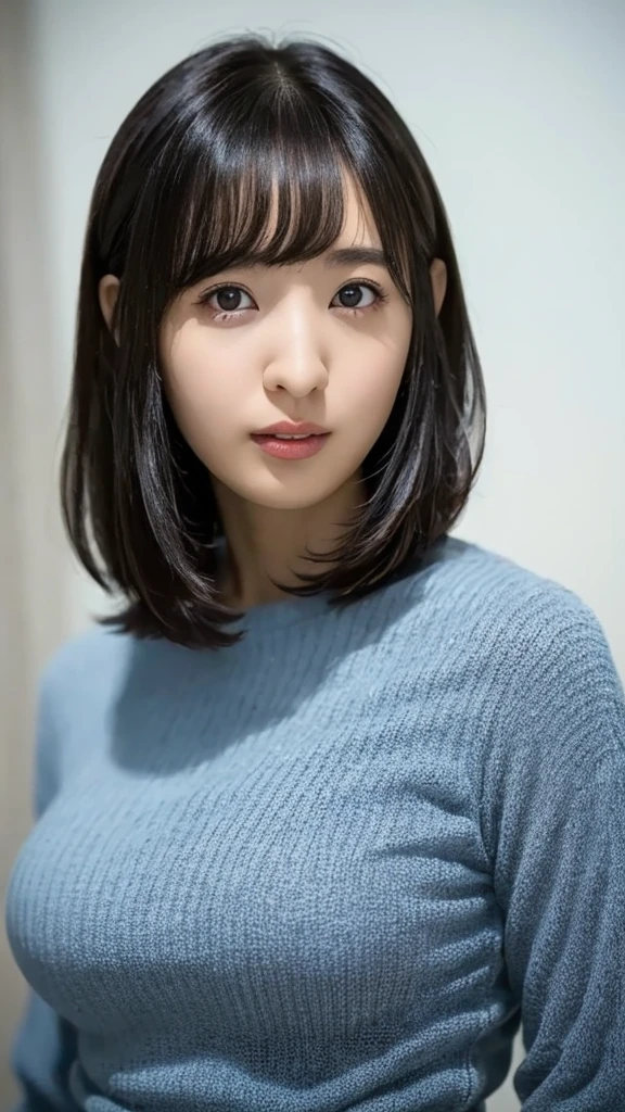 (masterpiece, best quality:1.4), girl, solo, beautiful face, 8k, absurdres, violaceaess, gardeniass, upper body, turtleneck sweater, looking at viewer, no makeup, film grain, chromatic aberration, sharp focus, facelight, sophisticated, (smile:0.5), room, indoor, simple background, bokeh background, [:detail face:10]