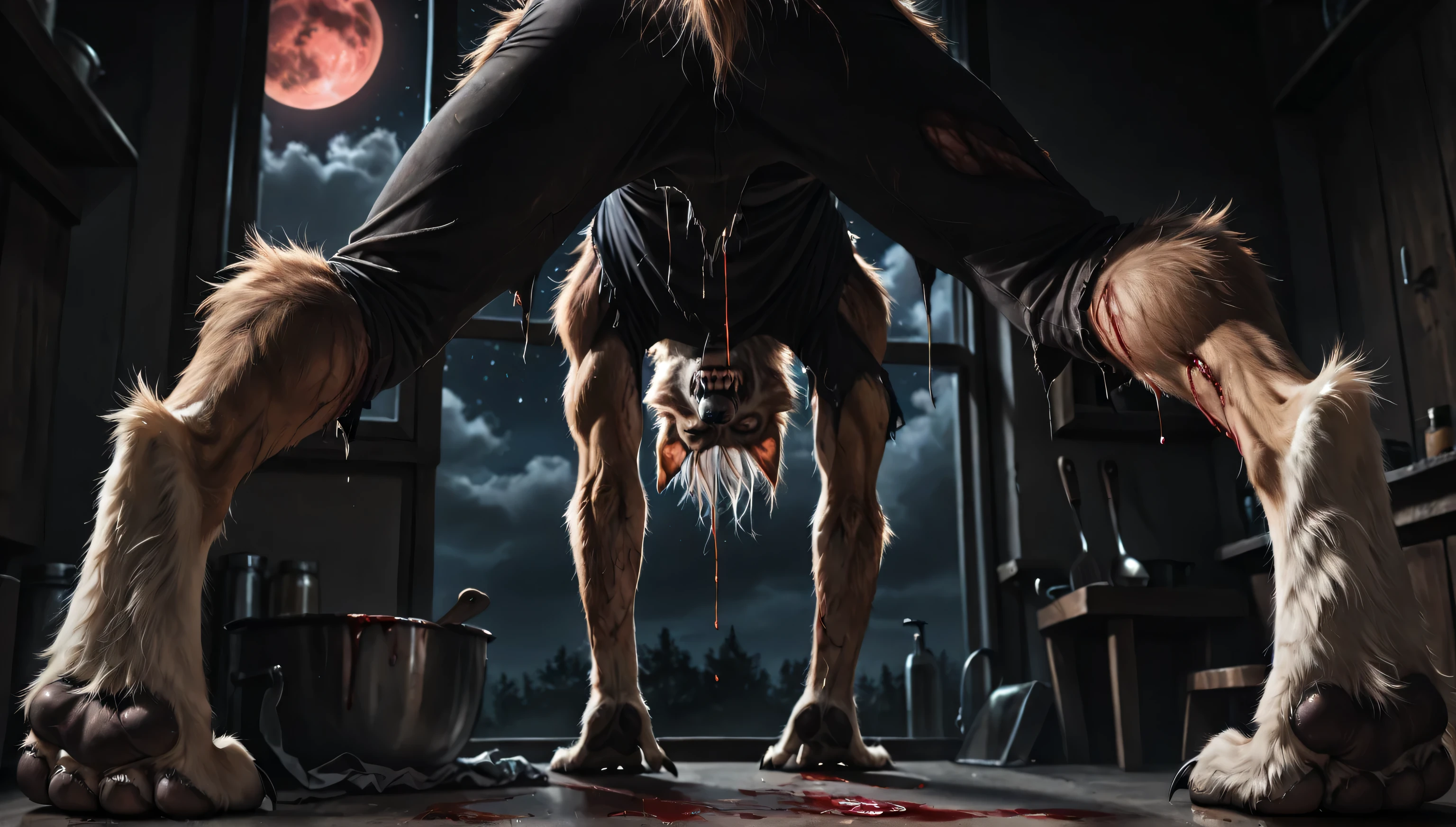 Pov:1.3, point of view, pov, paws, own body, Werewolf , detailed fur, gradual fur, scars, wound, scratched, scratch, dripping blood, blood arounds, blood from mouth, bleed scars, bled, tattered clothes, scraps around, big animal toes, deep night, window, stars, clouds, red moon, ((darkness, night dramatic, deep shades,)), kitchen, broken shelf, rags, nsfw, clothes scraps,((Ultra-detailed, Realistic, realistic:1.37), 4k, 8k, RAW, HDR, UHD, 85mm f/1.4, 15mm, 35mm, 80mm, f2.8, high resolution, hd, full colour, 4k, high definition, sharp focus, smooth, Professional, cinematic, extreme detail, description, masterpiece, best quality,))