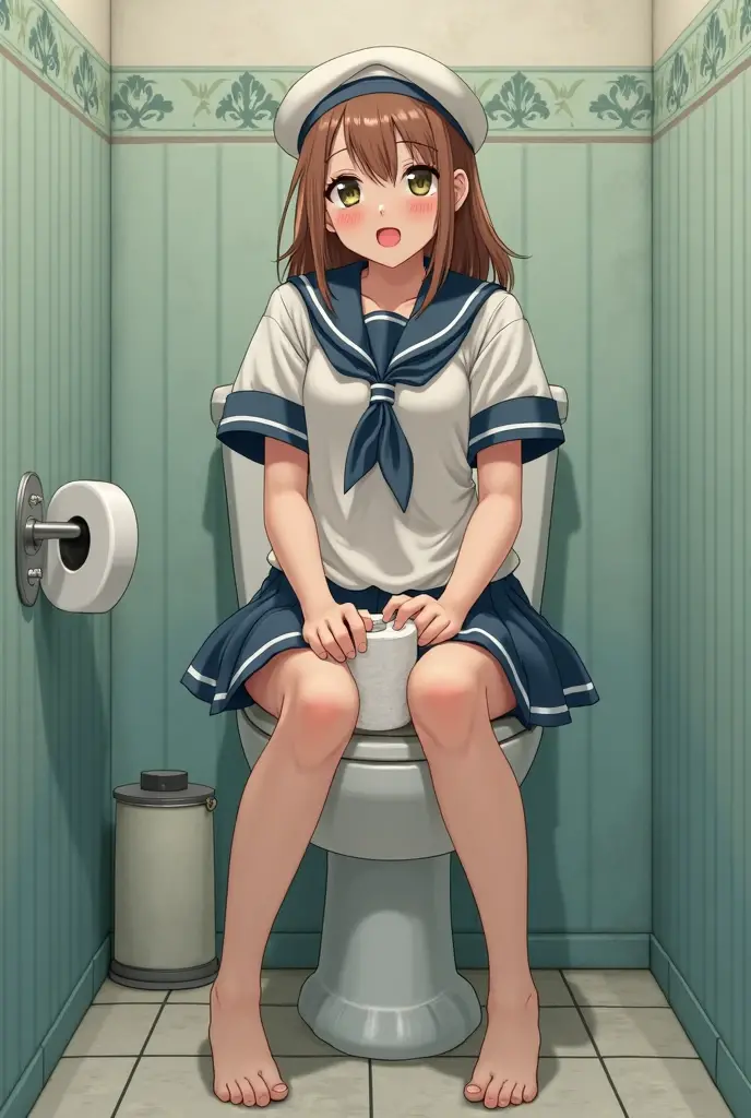 Masterpiece, hd, best quality, ponytail, medium hair, blue eyes, hair between eyes, hair ribbon, hairband, brown hair, red ribbon,skirt, shirt, bow, ribbon, school uniform, white shirt, short sleeves, pleated skirt, shoes, socks, collared shirt, plaid skirt, bowtie, black footwear, kneehighs, blue skirt, black socks, loafers, sweater vest, blue ribbon, knee socks, sitting, sitting on toilet, wc, pooping, caught in toilet, angry expression,very angry blush, mad, opened mouth, looking at viewer