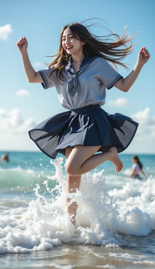 1girl,masterpiece, 12 years old;beautiful girl、8K quality, High definition, realistic pictures, professional writing, There is a woman jumping in the air from underwater to the sky., ((A pose that looks like dancing with the face facing upwards)), face upwards, dance in the air,artistic swimming,  jump towards the viewer, jump towards viewer, she is floating in the air, jump into the air, jump on the audience, jump, jump with arms up, floating in the air, floating on the ground, Jump for joy, jump pose, horizontally jump!!!, wearing a sailor suit, high school girl,((Big wave crashing down)), ((Splashes of water splashing from the body)),  Clear blue sky and white clouds, Sunlight flares