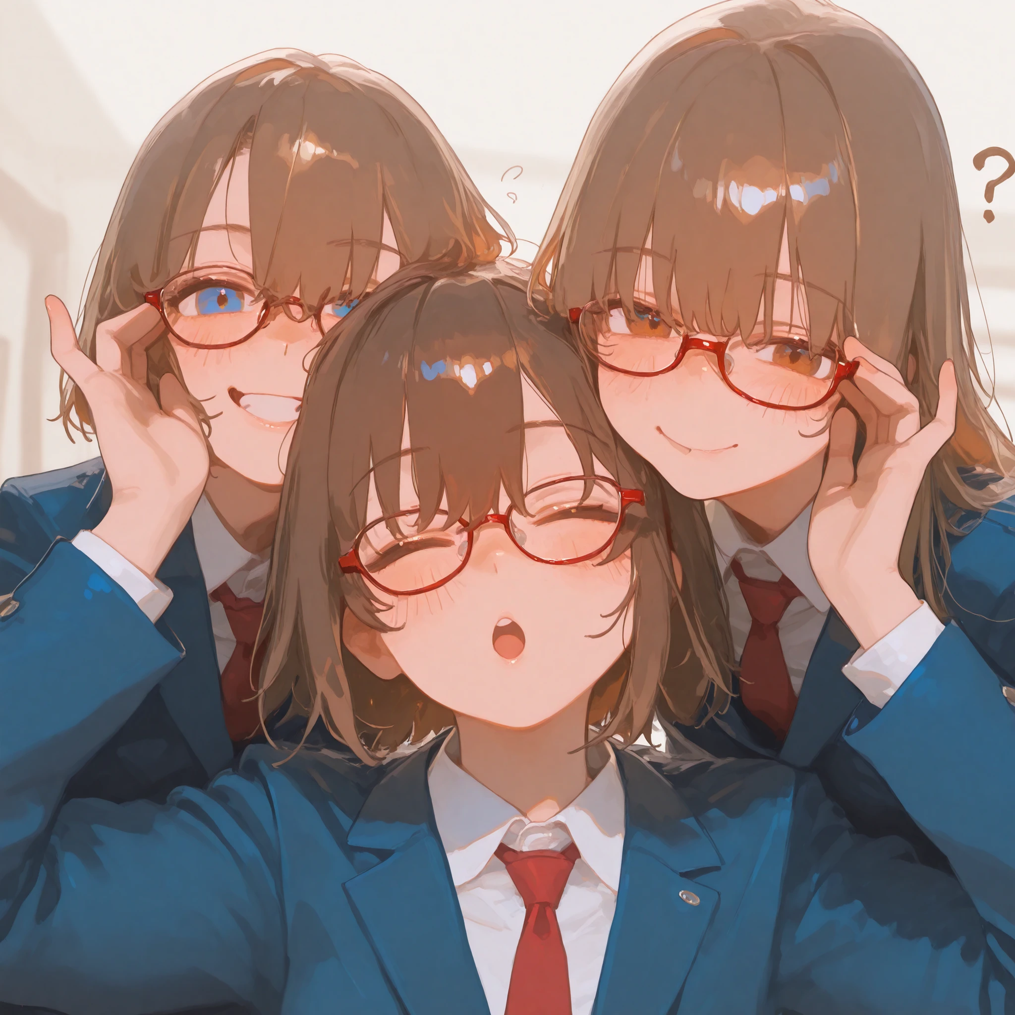 long_hair, looking_at_viewer, blush, smile, short_hair, open_mouth, bangs, blue_eyes, multiple_girls, brown_hair, shirt, long_sleeves, 2girls, brown_eyes, school_uniform, jacket, white_shirt, upper_body, one_eye_closed, necktie, glasses, collared_shirt, twitter_username, :o, watermark, blazer, blue_jacket, ?, semi-rimless_eyewear, red-framed_eyewear, under-rim_eyewear, adjusting_eyewear