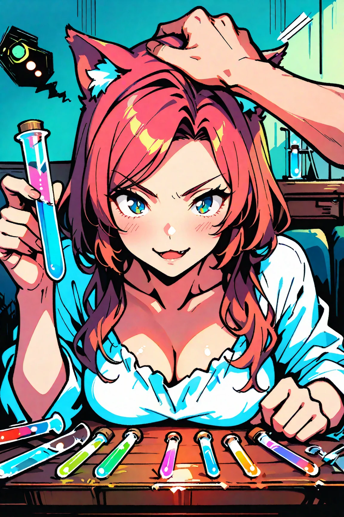 (masterpiece, best quality, absurdres, 4k, aesthetic, detailed, intricate, perfect lighting),fisheye lens,cinematic angle,dramatic lighting,pov,1girl,solo,standing,leaning forward,close-up,mischievous grin,inside laboratory,(holding up potion:1.2),red glasses, hair ornament, hair stick, red headband, white shirt, bare shoulders,purah