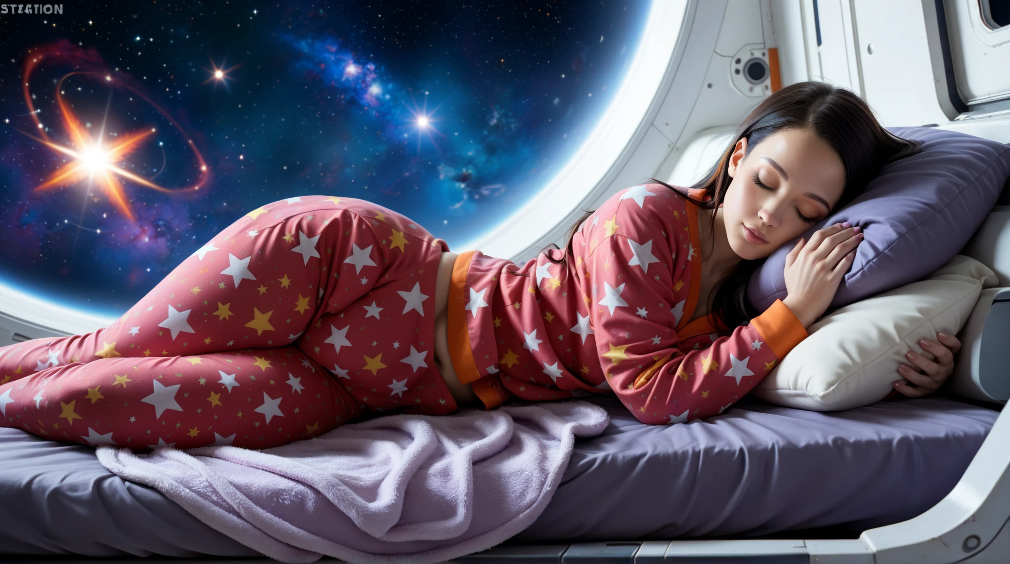 a person sleeping peacefully on a bed in outer space