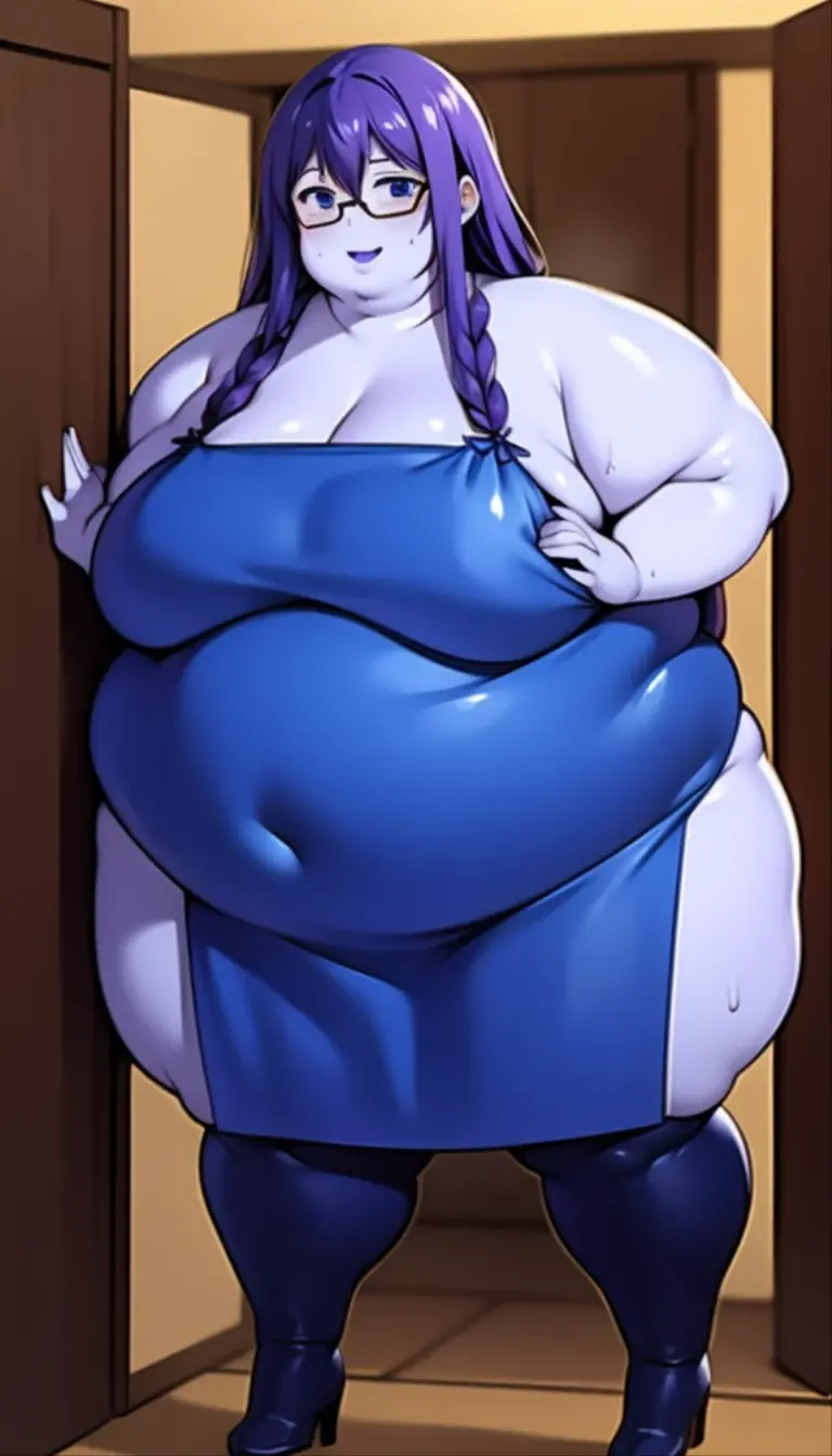 Anime Women, Lady、Forehead、Long Hair、Wavy Hair、Purple Hair、Glasses、Sharp eyes、Yellow Eyes、Purple lips、Cobalt blue body、Cobalt blue skin、Are fat、Chubby、Sensual、obesity、Double chin、Thick neck、Big Breasts、Saggy breasts、Thick upper arms、Thick arms、thick fingers、Fat belly、Flabby belly、Thick legs、expensive、Denim overalls、Sweat、Side Shot、whole body