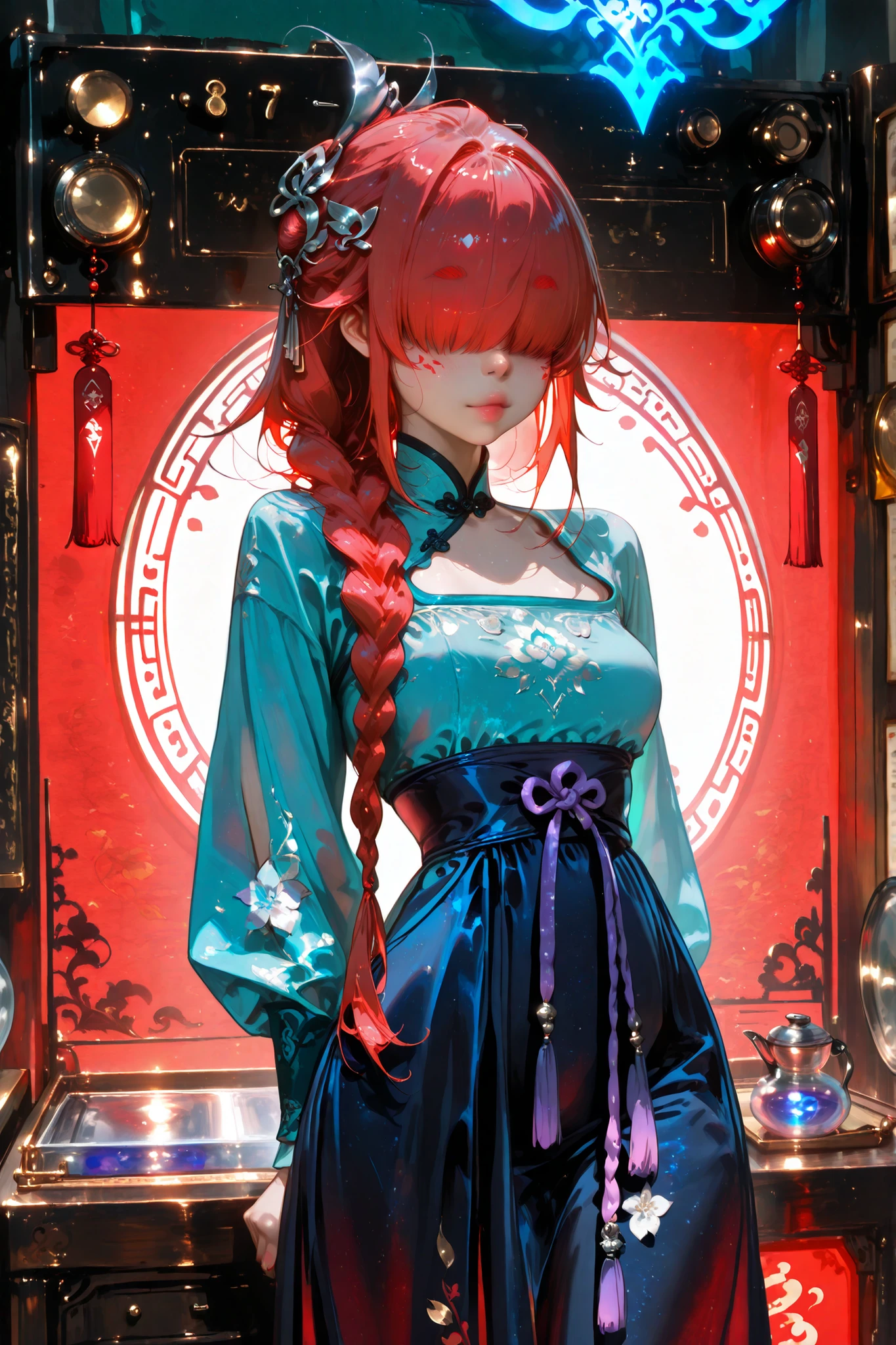 (masterpiece, detailed:1.2),(Fantasy_eyes)(tangobat:0.7),(Sakimichan:0.7),(High quality CT,4K,High resolution,main part:2.3),Very detailed,realistic:1.37,Best quality,masterpiece, high resolution,on_body, Tyndall effect,photorealistic, edge lighting, Two-color backlight,(high definition of skin:2.3), (8K UHD, DSLR quality, soft lighting, high quality, surround lighting, sincere, de 8K , 4k, 8K.) The girl with the copper skin. She has purple glowing eyes and dark purple eye shadow. She has a red eyebrows and red eyelashes. She has fiery scarlet red longest hair braided in a loose braid that floats in the air. her red hair over eyes hiding half of her face. She has blue peonies and silver Chinese hairpins in her hair. She is wearing a traditional Chinese light turquoise Hanfu dress with a small neckline, long sleeves and embroidery in the form of a silver phoenix. on the background : ancient Chinese pharmacephtic shop.