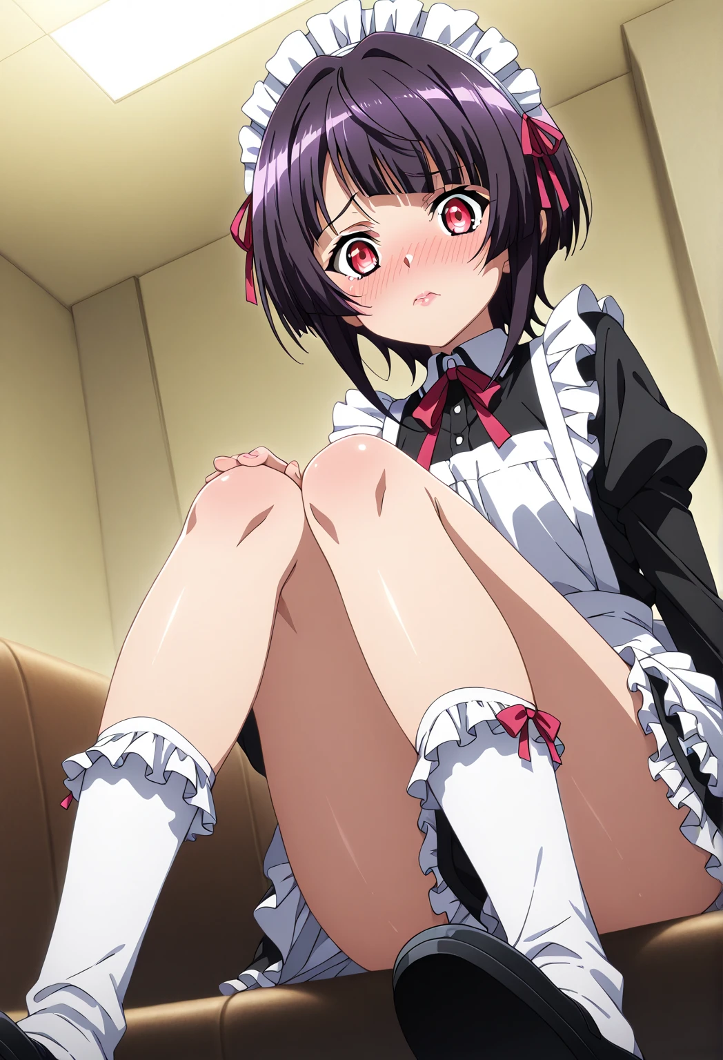 NSFW,1girl,from below,serious smile,11yo,aisha_greyrat, long maid outfit, black shoes , whole body, solo long sleeves,long black dress past knee, white tights,spread legs,no panties,show off your pussy,on the bed,lying