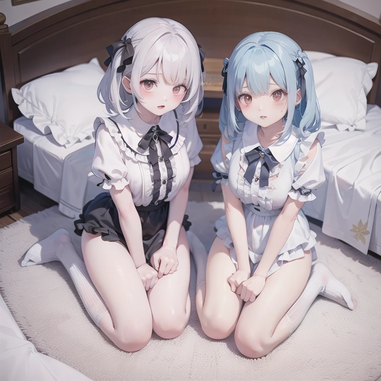 2 girls, Redhead, Updo, Facial hair stripes, Red eyes, mascara, skirt, Sagging under the eyes、feet, Impact, 8k, masterpiece,Thighs,color、Sailor suit、uniform、Roll up your skirt、(Skirt flipping:1)、pants、erotic、sexy、Thighs、Lesbian、Are sleeping、裸feet、Health Room、bed、Hospital bed、Hospital room