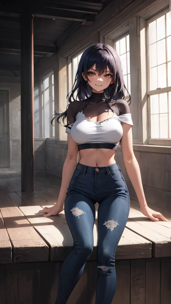 Jessica-Degg, solo, 1girl, tight white vest, midriff, cleavage, denim hotpants, white pantyhose