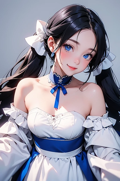 mksks style, masterpiece, best quality, long eyelashes, eyeliner, eyeshadow, mascara, colorful, pink lips, deep skin, looking at viewer, upper body, curvy, hestia (danmachi), 1girl, breasts, solo, long hair, blue ribbon, twintails, gloves, ribbon, dress, rei no himo, large breasts, blue eyes, black hair, white gloves, cleavage, white dress, looking at viewer, closed mouth, hair ribbon, bow, sleeveless, sleeveless dress, bangs, blush, cleavage cutout, hair ornament, bowtie, clothing cutout, very long hair, covered navel, arm ribbon, shiny skin, outdoors, grassy fields, blue sky, cloudy sky, tight, taut dress, breast focus, upper body, ultra-detailed, illustration, close-up, straight on, portrait, face focus, :p, tongue out --auto --s2