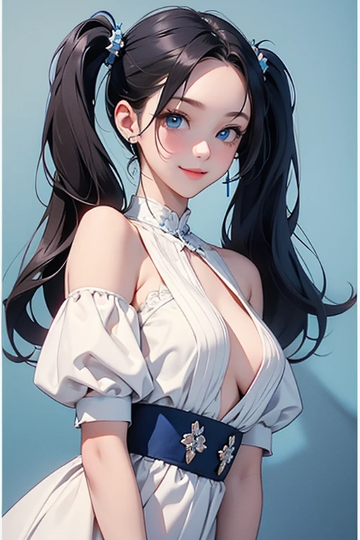 ((((highest quality))))、(((Ultra-precision CG16K wallpaper)))、(((masterpiece)))、(((Super detailed)))、(((super extreme details)))、1people's women、mature woman、24 year old woman、((Japanese face))、((very beautiful face))、((Beauty:1.5))、((straight long ponytail hair:1.3、blunt bangs))、(shiny brown hair)、beautiful delicate eyes、brown eyes、raised eyebrows、high nose、small nostrils、small mouth、seductive lips、beautiful breasts、((C cup size breasts))、cleavage、plump body、(Chubby body type)、perfect proportions、perfect anatomy、perfect composition、beautiful detailed shading、beautiful natural lighting、beautiful detail glow、Depth of the bounds written、(((High chroma)))、(((real:1.9)))、((vivid:1.5))、((edge:1.6))、((beautiful skin))、((skin texture))、((realな皮膚感))、(((thigh-high cowboy shot:1.6)))、((Angle seen from the front:1.5))、((shy smile:1.5))、(Eyes looking at me:1.5)、Bright daylight、(((plain background:1.3)))、(standing pose:1.5)、(((Collared sleeveless hem blouse_White clothing:1.6)))、(((short hot pants_light blue color clothing:1.6)))、((necklace、Wearing earrings:1.3))、