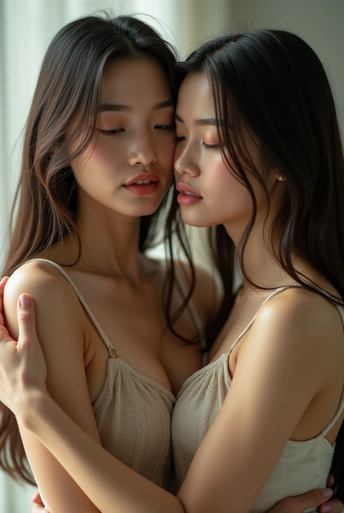 A young woman and her age son Both have similar facial features, completely naked, mother feeding her son, son sucking milk from the breast, hugging each other lovingly, no clothes to wear, eyes with beautiful details, lips with beautiful details, eyes and face are very detailed, long eyelashes, mother and son, love, family photos, soft warm light, soft palette, gentle moments, emotional connections, intimate relationships, mother's love, son's admiration, delicate smile, gentle hugs, indoor settings, natural light, cozy atmosphere.