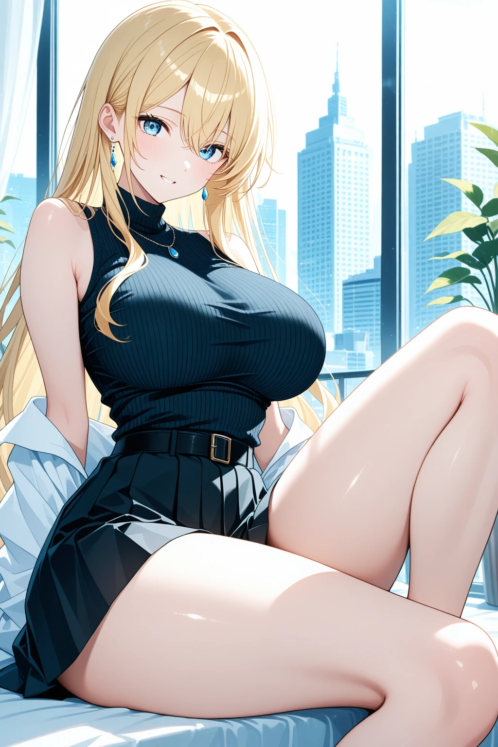 ta1,blonde hair, blue skirt,tight skirt shoulders, panties, looking at viewer, blue eyes, ,belt,open mouth, collarbone, lingerie, stomach, navel, black lace bra, black lace panties, underwear only, hair ornament, solo, thighs, cleavage, large breast,(big tits:1.2),indoors, bra, blush, 1girl, smile, embarrassed,underwear,full body, sitting