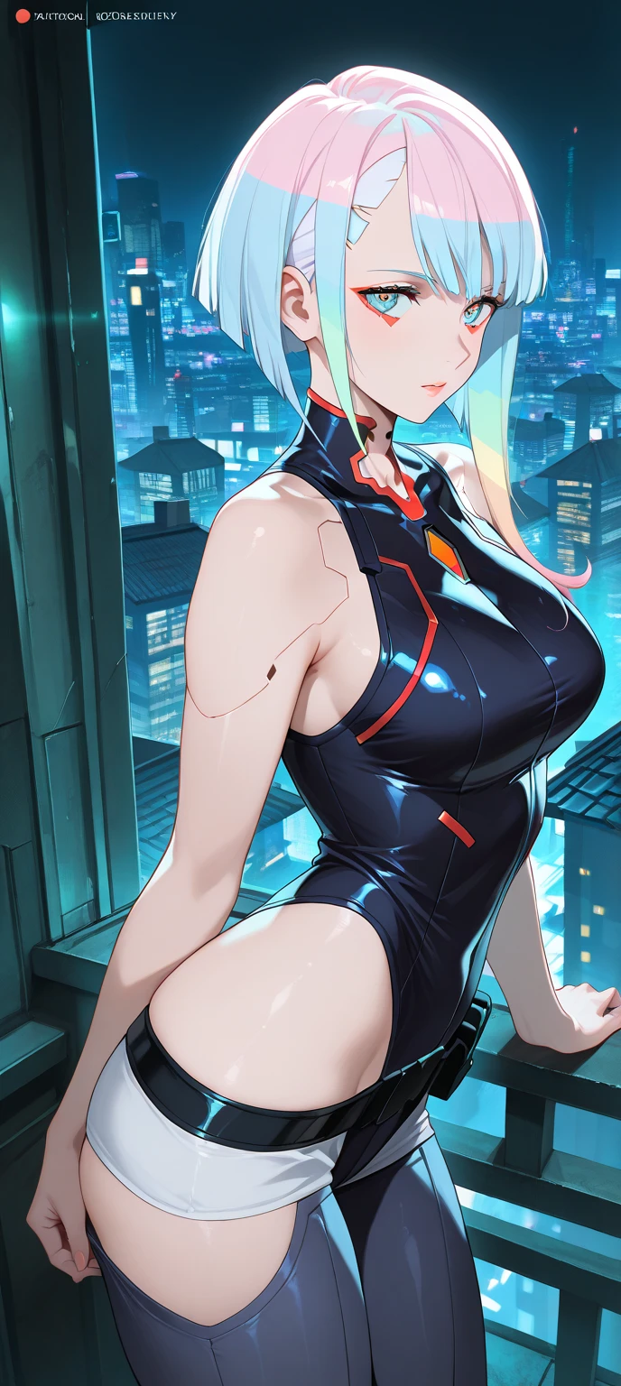 Lucy, curvy body, city view, blushing, day BREAK NSFW (((masterpiece))), ((highly detailed character)), ((perfect eyes)), ((perfect face)), ((best quality)), ((perfect hands)), high resolution, highly detailed image, thick thighs BREAK Nice ass, volumetric lighting, NSFW, sexy and hot, Halloween background, 1 girl, sclera tattoo, sexy, fishnets, big breasts, big thighs, natural breasts, big thighs, lu1, cyborg, multi-colored hair, makeup, baked, nudismo, somente usando uma jaqueta branca, topless, sem calcinha, sem roupa , NSFW