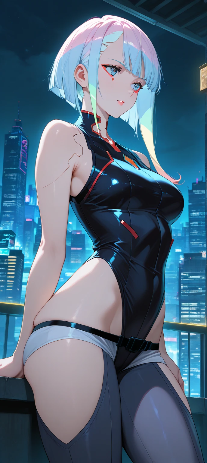 obra maestra, mejor calidad, highres, cyborg, cabello multicolor, maquillaje, hombros desnudos, senos grandes, leotardo negro, leotardo de pierna alta, (tanga: 1.1), chaqueta blanca, chaqueta abierta, beltt, pantalones cortos, cowboy shot, cyberpunk, de pie,