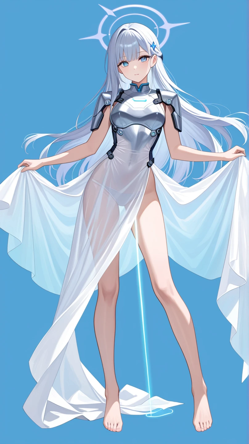 A lovely android woman, obviously mechanical arms and legs, shimmering sheer white gown, backlit eyes) performing ballet with large sweeping movements, spotlight, center stage