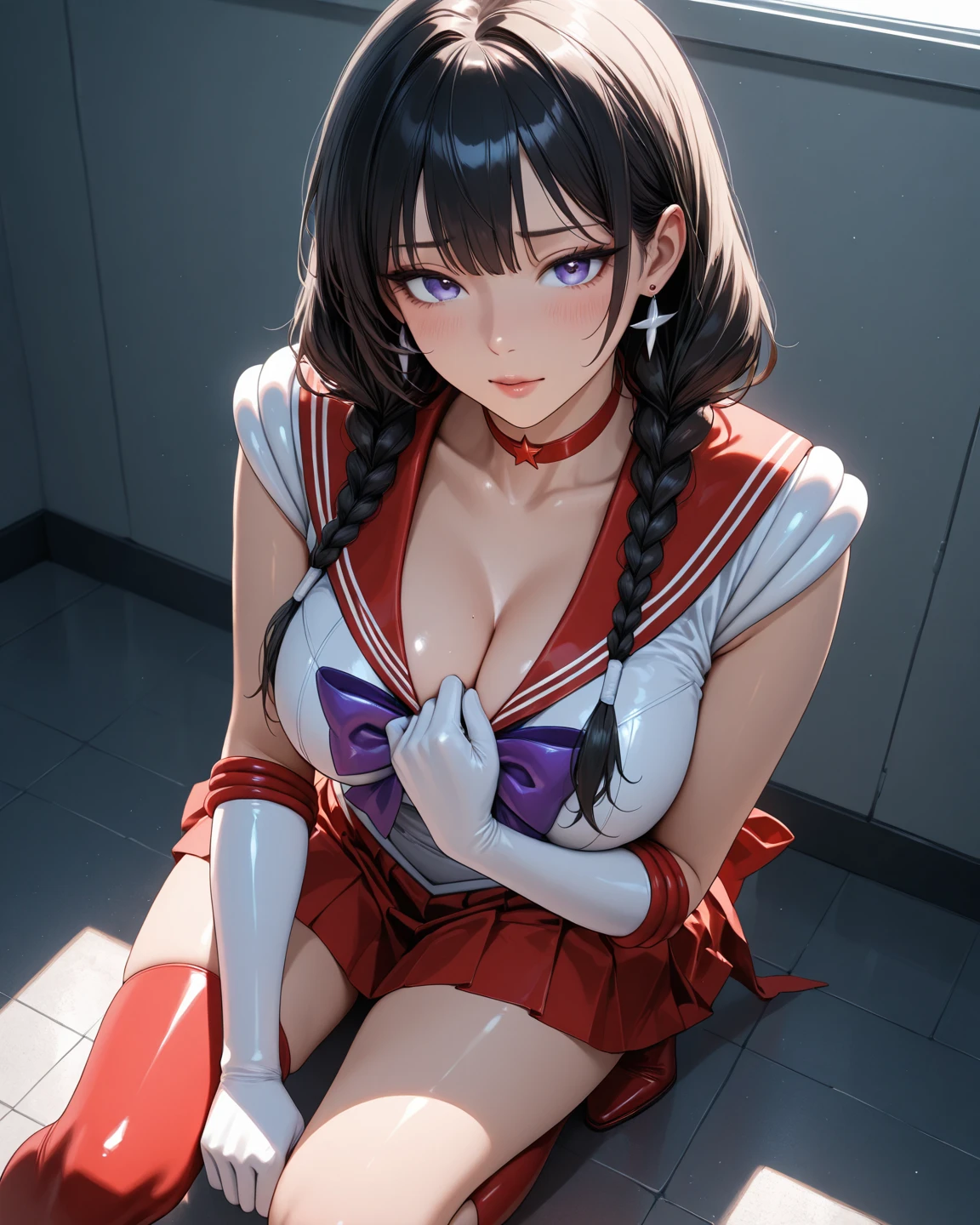 (highest quality, masterpiece:), ultra-high resolution, night, in the pool bar, Korean photo model, young and beautiful gravure idol, 23 years old, tight, wearing a Sailor Moon Outfit, mini skirt, high leg, gigantic breasts, large areola, puffy nipple:1.4, skinny, bangs, long hair, black hair, forehead, unkempt hair, gorgeous earrings, beauty, victory smile, mature woman, please face forward and look at the camera,