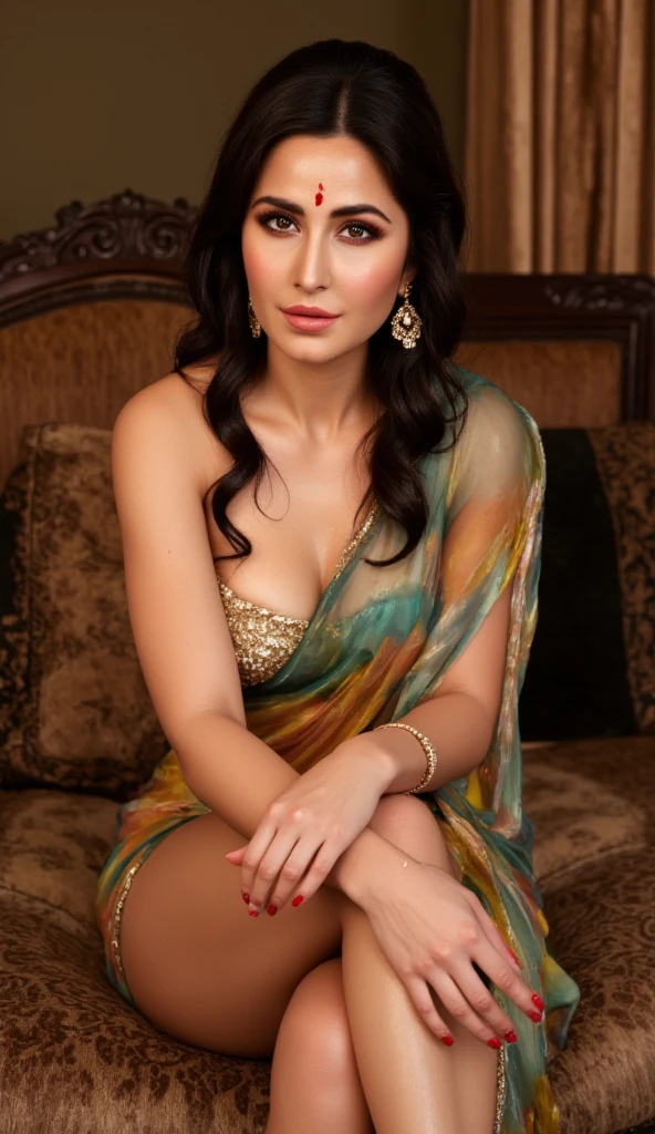 Portrait of A confident-looking 23 year old indian woman with long flowing light brown hair, hazel eyes, with flowing capes and ice blue colour saree, smiling, sitting on a sofa in luxury hotel room, perfect composition, hyperrealistic, super detailed, 8k, high quality, trending art, trending on artstation, sharp focus, siberian photo, intricate details, highly detailed, perfect 36-26-36 figure, perfect hands, perfect fingers on her lap art by greg rutkowski