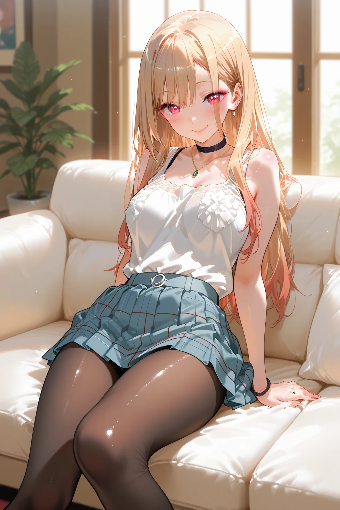 Chestnut Hair、Semi-long hair、Blushing、I can see her pantie-shaped legs、On the sofa、Coffee shop