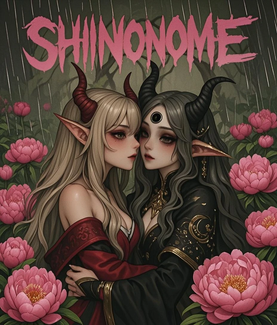 Red and black clothes, Gray Hair, Long Hair, Food, Devil horns, Pointed Ears, Skull on shoulder, Red eyes, bangs, Hair between the eyes, Red particles, Multicolored Hair, 
masterpiece, Highest quality, Upper Body, Portraiture,