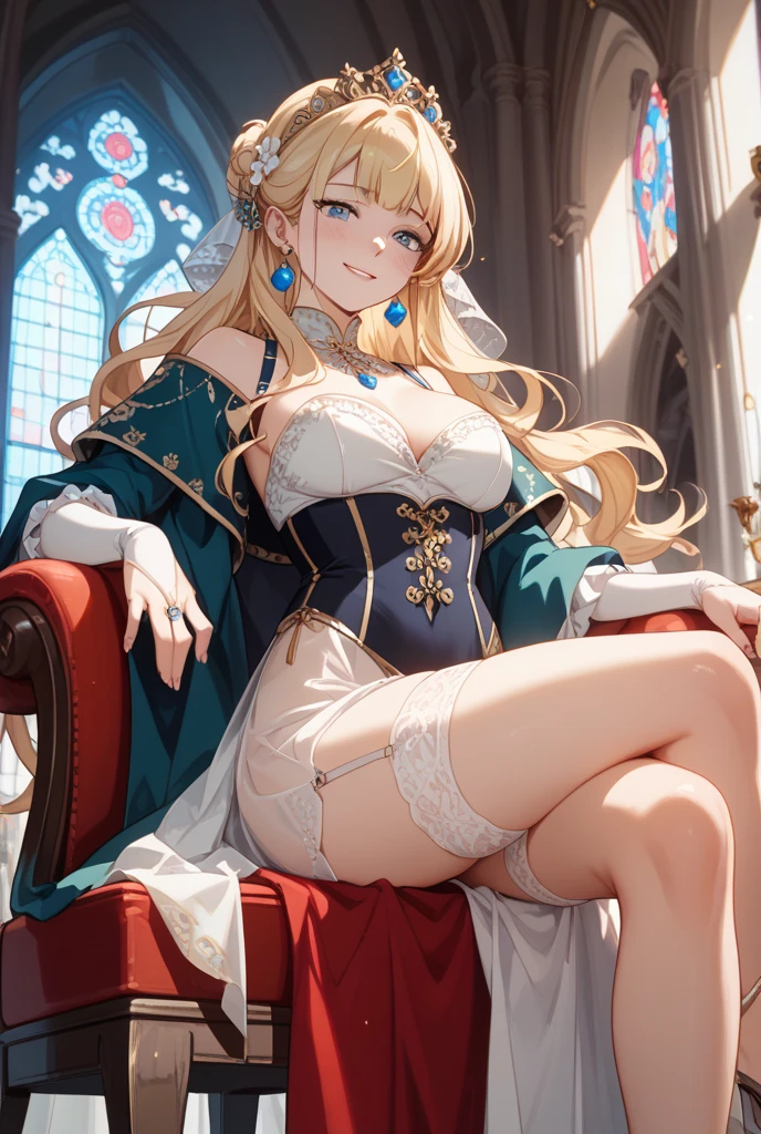 an cartoon painting of a women in underwear on a couch with lights surrounding her, 1girl, breasts, solo, blue eyes, sitting, large breasts, hair ornament, cleavage, jewelry, thighhighs, flower, looking at viewer, crossed legs, earrings, smile, hair flower, bare shoulders, thighs, white thighhighs, blonde hair, dress, choker