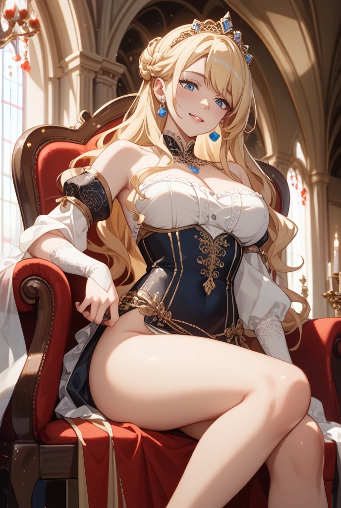 Detailed Illustration, Ambient Light, Backlighting, Realistic Shadows, Glowing Particles, Light Particles, Detailed Face, Detailed Hair, (Hyper-Detailed Eyes), Soft Light, Soft Lighting, Renaissance Architecture, Red Curtains, (Sitting on Throne), Frontal, Huge Ornate Throne, (Blonde Hair), Bangs, Shiny Hair, short braids, Blue Eyes, parted lips, Dignified Expression, Confident, (Solo), Mature Female, Sexy Elf Woman, Full Body, Defined Thighs, Narrow Waist, Round Hips, (Huge Perky Breasts), spread Legs, (Crossed Arms) (Elegant sexy Blue Dress), Ornate Clothes, (Blue Off-Shoulder Dress), (black glossy stockings:1.2), Bare Shoulders, Skindentation, (White Puffy Sleeves), cleavage, covered , (Ballroom Gown), (Frilled Dress), (Jewelry), Collar, Gold-Trim, Regalia, Knight, steamy, (??? on legs:1.2), (NSFW:1.1)