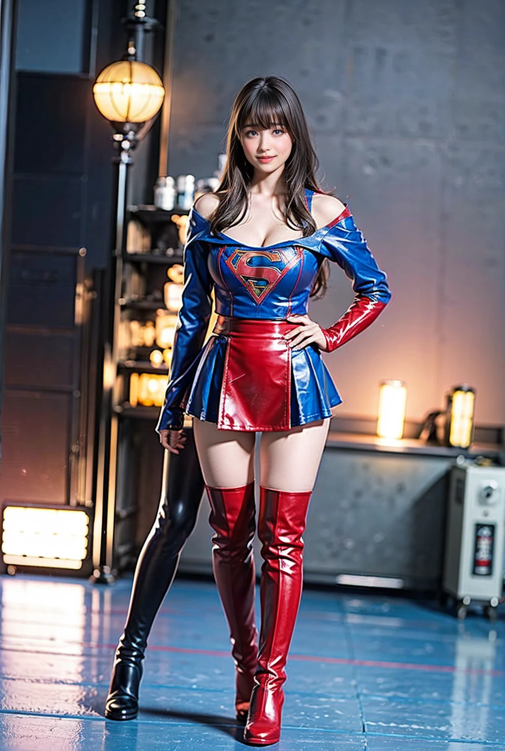 ((Four Chinese idols standing in a row))　Mature Woman　Brown hair with bangs　Wavy Hair　Big eyes　((Bright red plump lips))　((Beautifully lit night stage))　　((Racing model costume-style bodycon dress with sponsor logo made of super shiny silver and blue enamel material))　((Ultra-glossy patent leather knee-high boots))　 masterpiece　8K　Drawn from above　Beautiful armpits　Beautiful smile