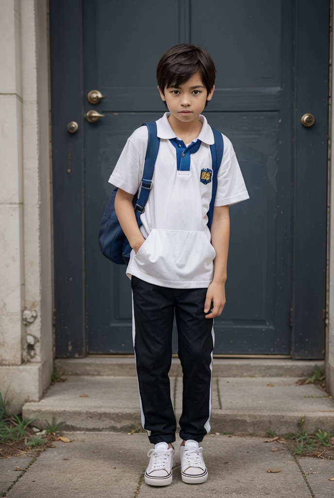 illustration, aluno de 9 anos indo para escola, black pant, camisa branca, Grey footwear, Mochila azul nas costas