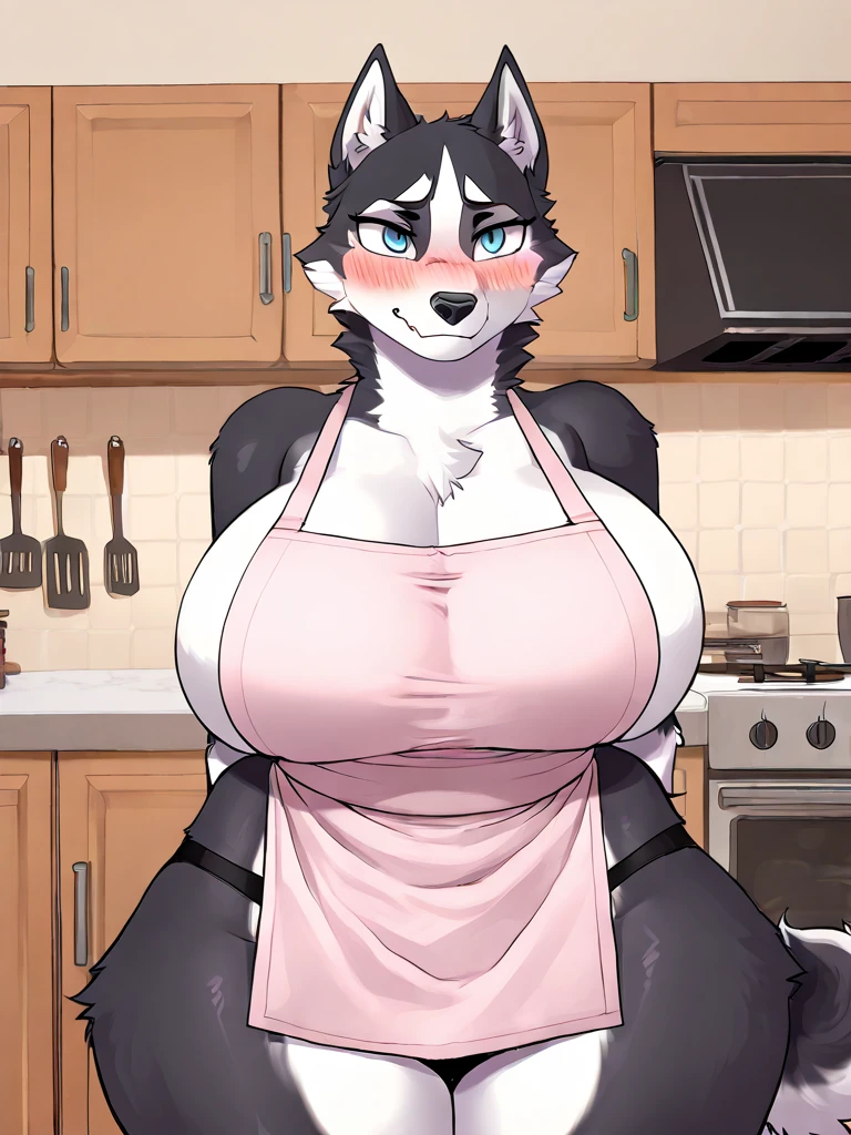uploaded on e621, nsfw, raw photo, realistic, anthro, detailed face, detailed fur, snout, helluva boss, loona hellhound, loona, undone pants, in kitchen, big breast, (Apron), sexual pose, seductive pose, leaning forward, pin up, seduced